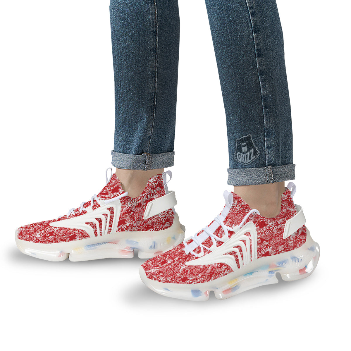 Red And White Chinese Tiger Print Pattern White Gym Shoes-grizzshop