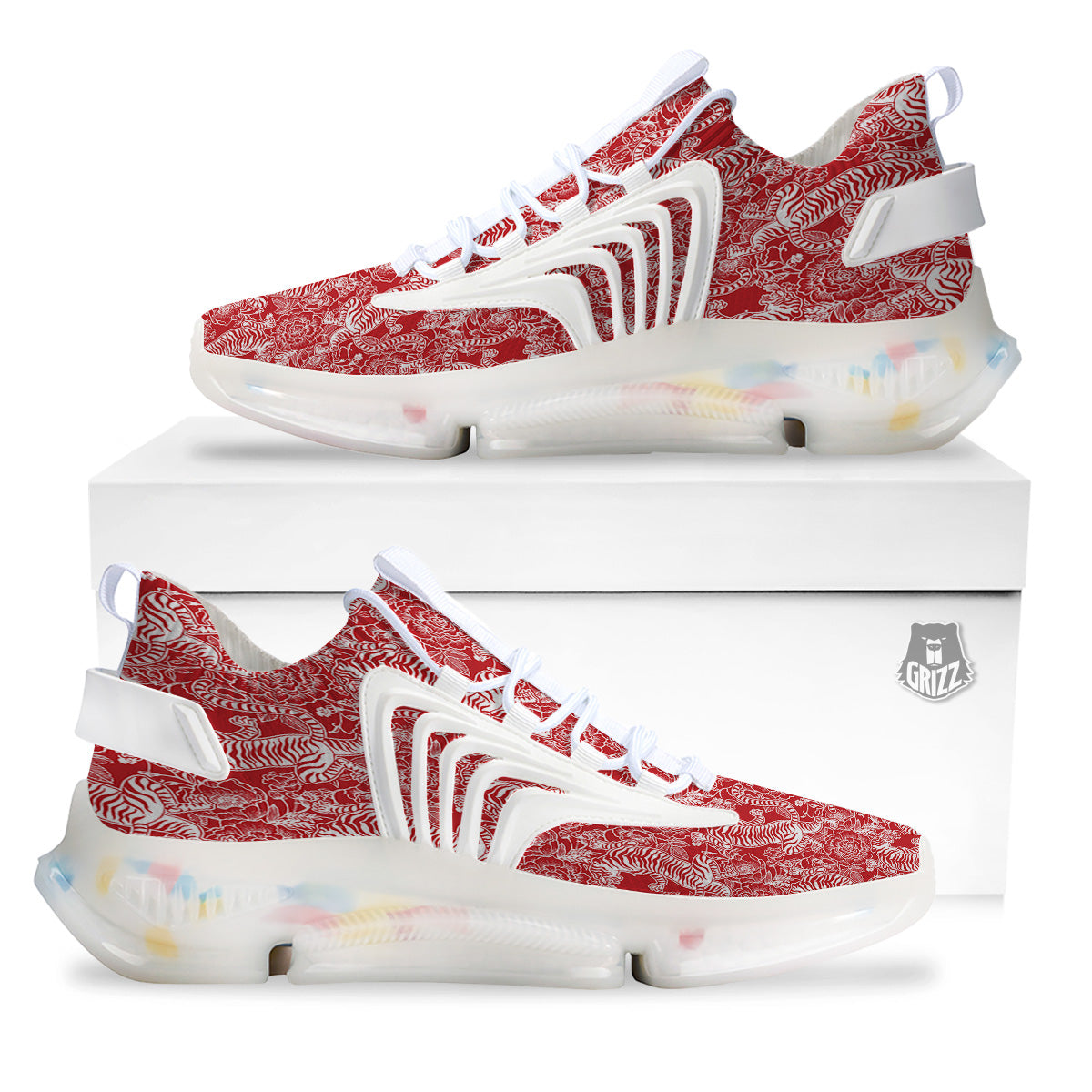 Red And White Chinese Tiger Print Pattern White Gym Shoes-grizzshop