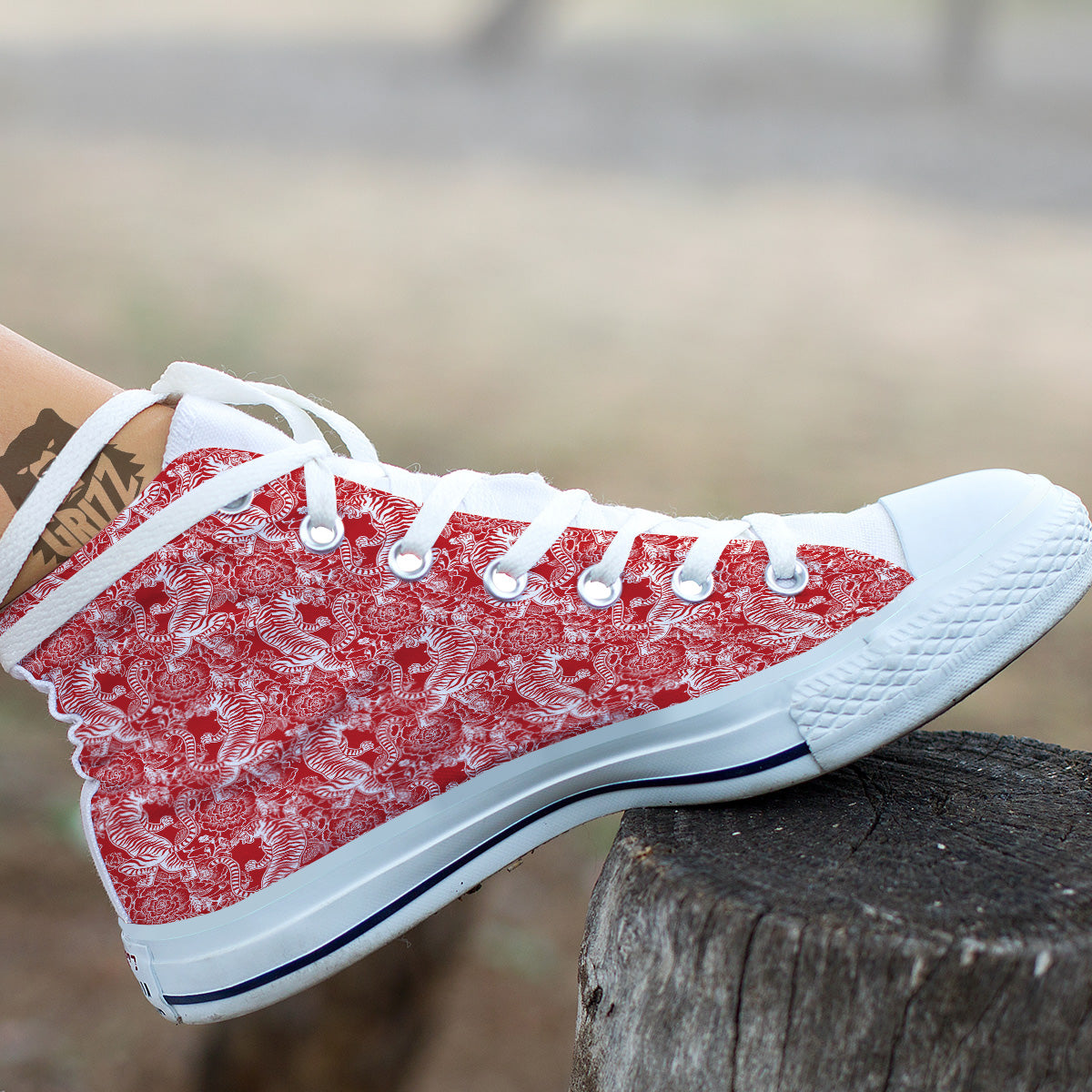 Red And White Chinese Tiger Print Pattern White High Top Shoes-grizzshop