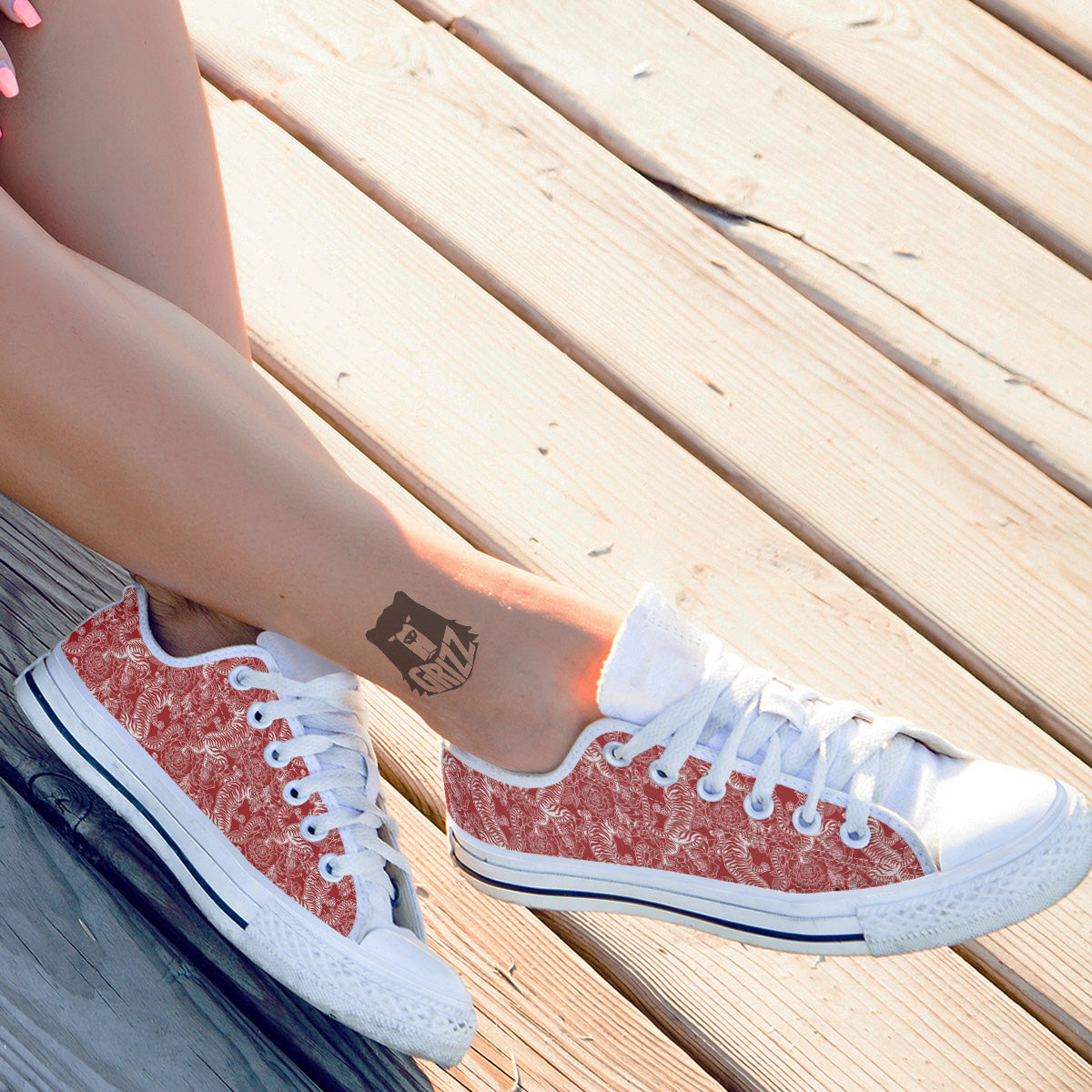 Red And White Chinese Tiger Print Pattern White Low Top Shoes-grizzshop