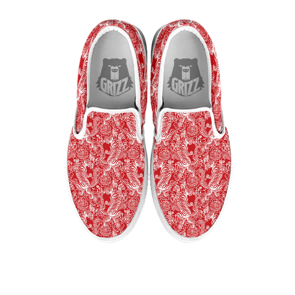 Red And White Chinese Tiger Print Pattern White Slip On Shoes-grizzshop