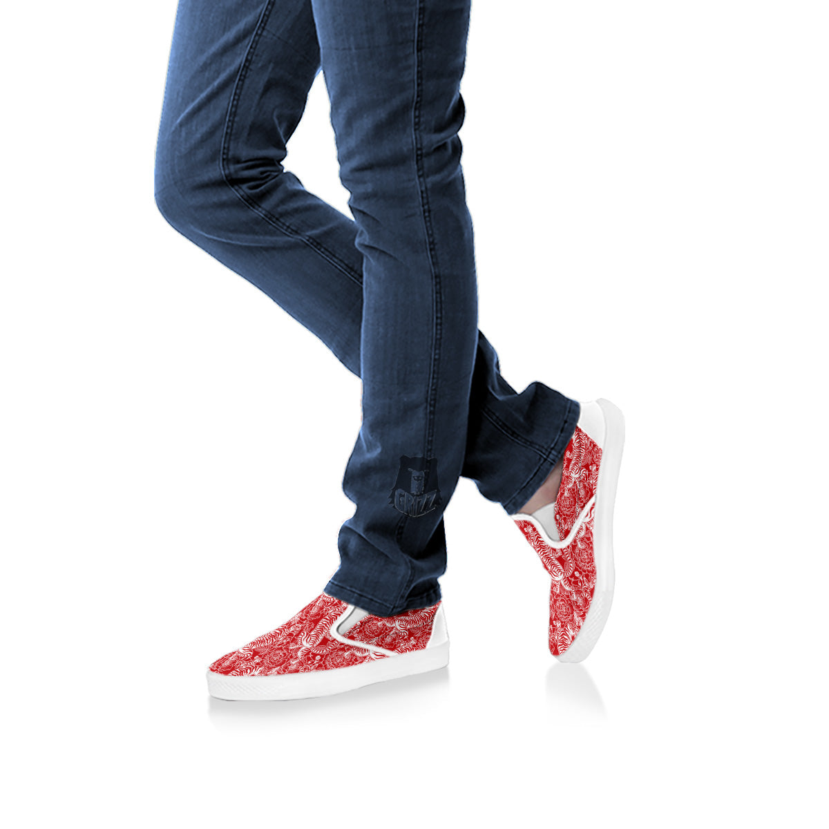 Red And White Chinese Tiger Print Pattern White Slip On Shoes-grizzshop