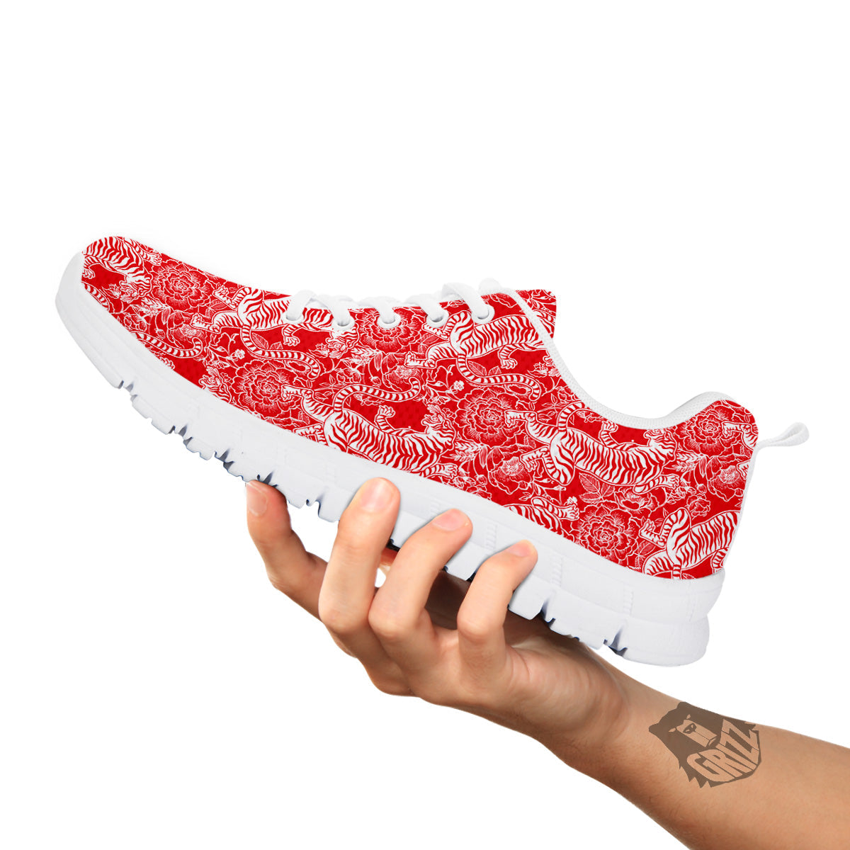 Red And White Chinese Tiger Print Pattern White Sneaker-grizzshop