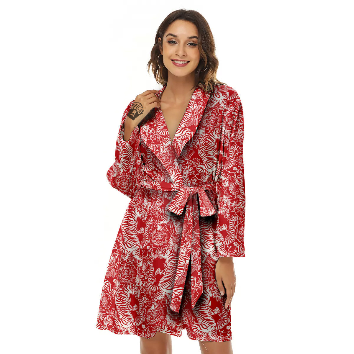 Red And White Chinese Tiger Print Pattern Women's Robe-grizzshop