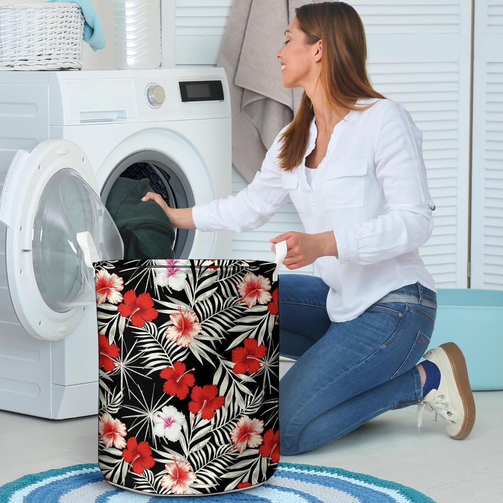 Red And White Hibiscus Flowers Hawaiian Print Laundry Basket-grizzshop