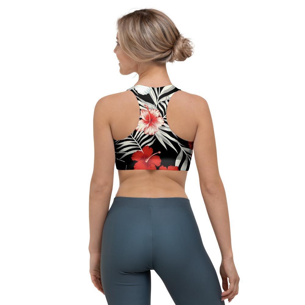 Red And White Hibiscus Flowers Hawaiian Print Sports Bra-grizzshop