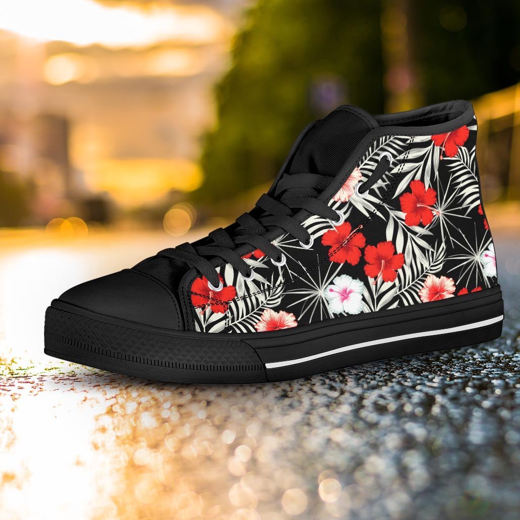 Red And White Hibiscus Flowers Hawaiian Print Women's High Top Shoes-grizzshop