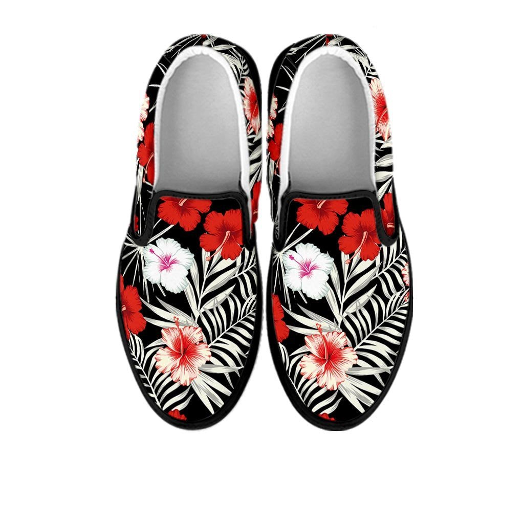 Red And White Hibiscus Flowers Hawaiian Print Women's Slip On Sneakers-grizzshop