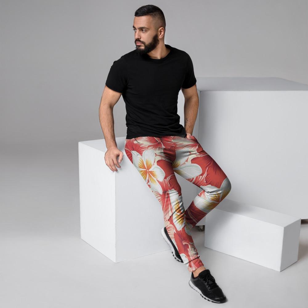 Red And White Hibiscus Hawaiian Print Men's Joggers-grizzshop