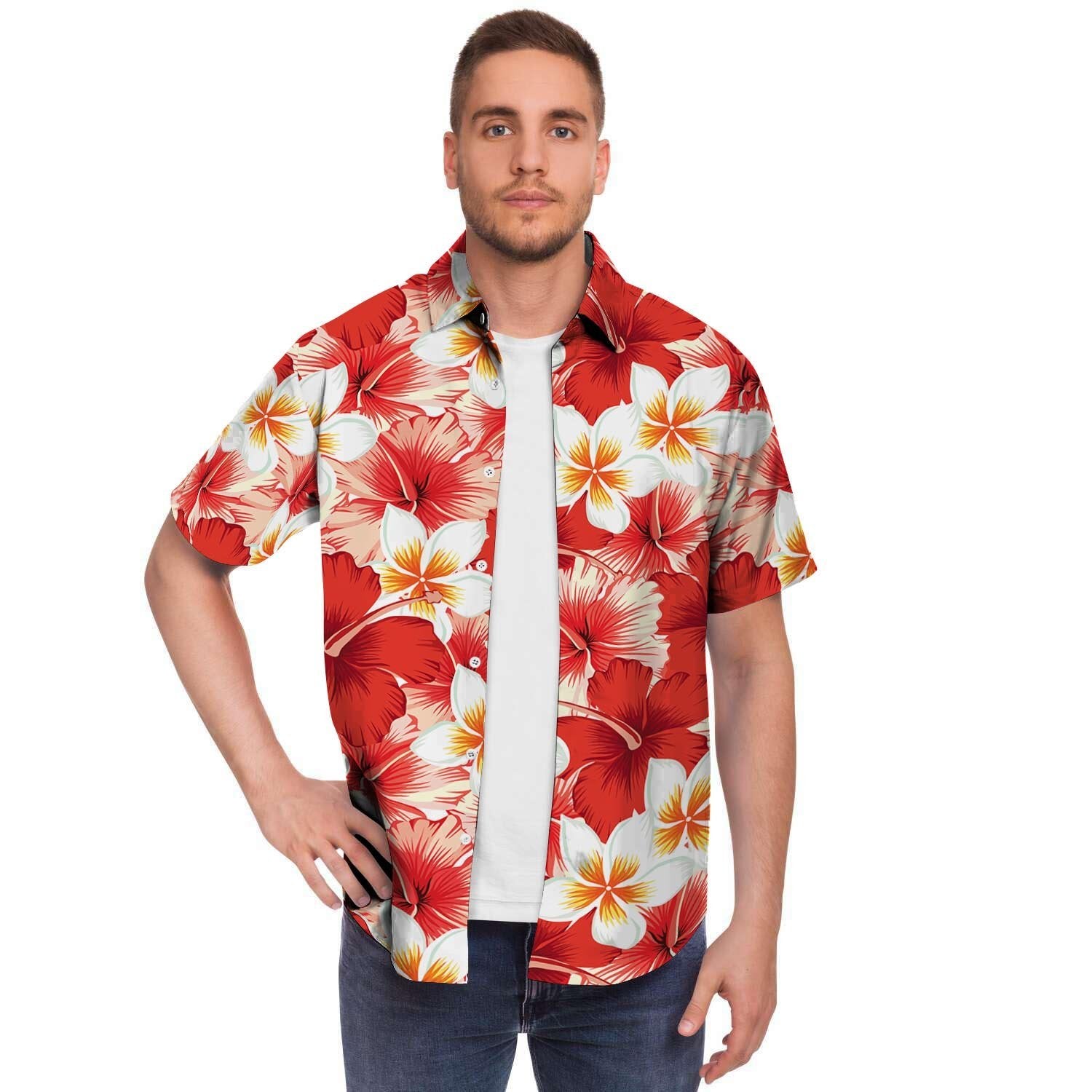 Red And White Hibiscus Hawaiian Print Men's Short Sleeve Shirt-grizzshop