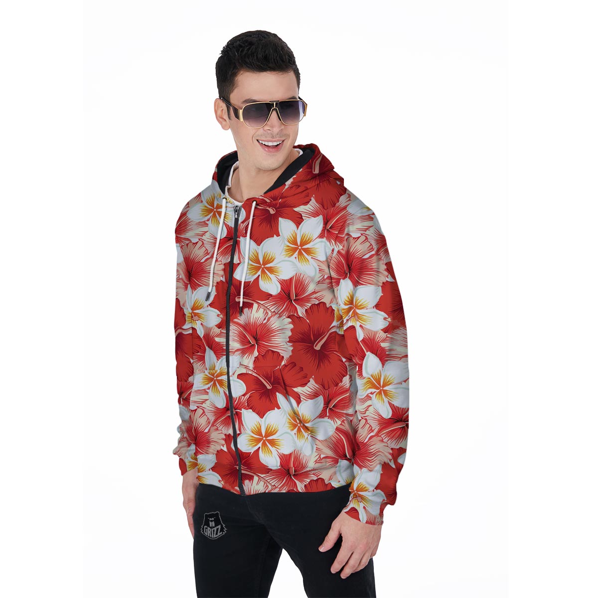Red And White Hibiscus Hawaiian Print Men's Zip Up Hoodie-grizzshop