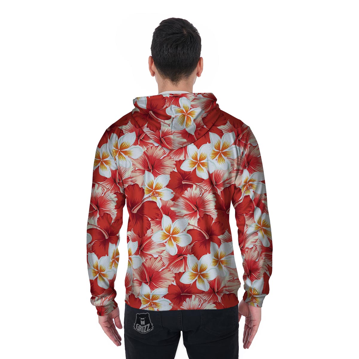 Red And White Hibiscus Hawaiian Print Men's Zip Up Hoodie-grizzshop