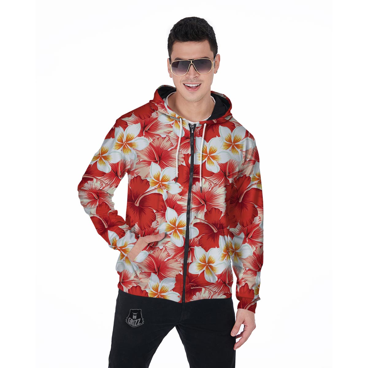 Red And White Hibiscus Hawaiian Print Men's Zip Up Hoodie-grizzshop