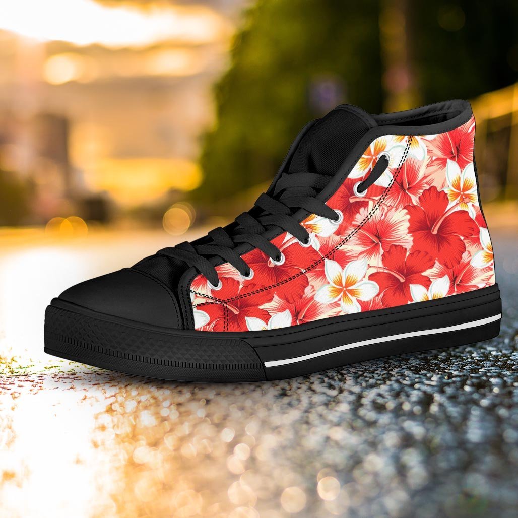 Red And White Hibiscus Hawaiian Print Women's High Top Shoes-grizzshop