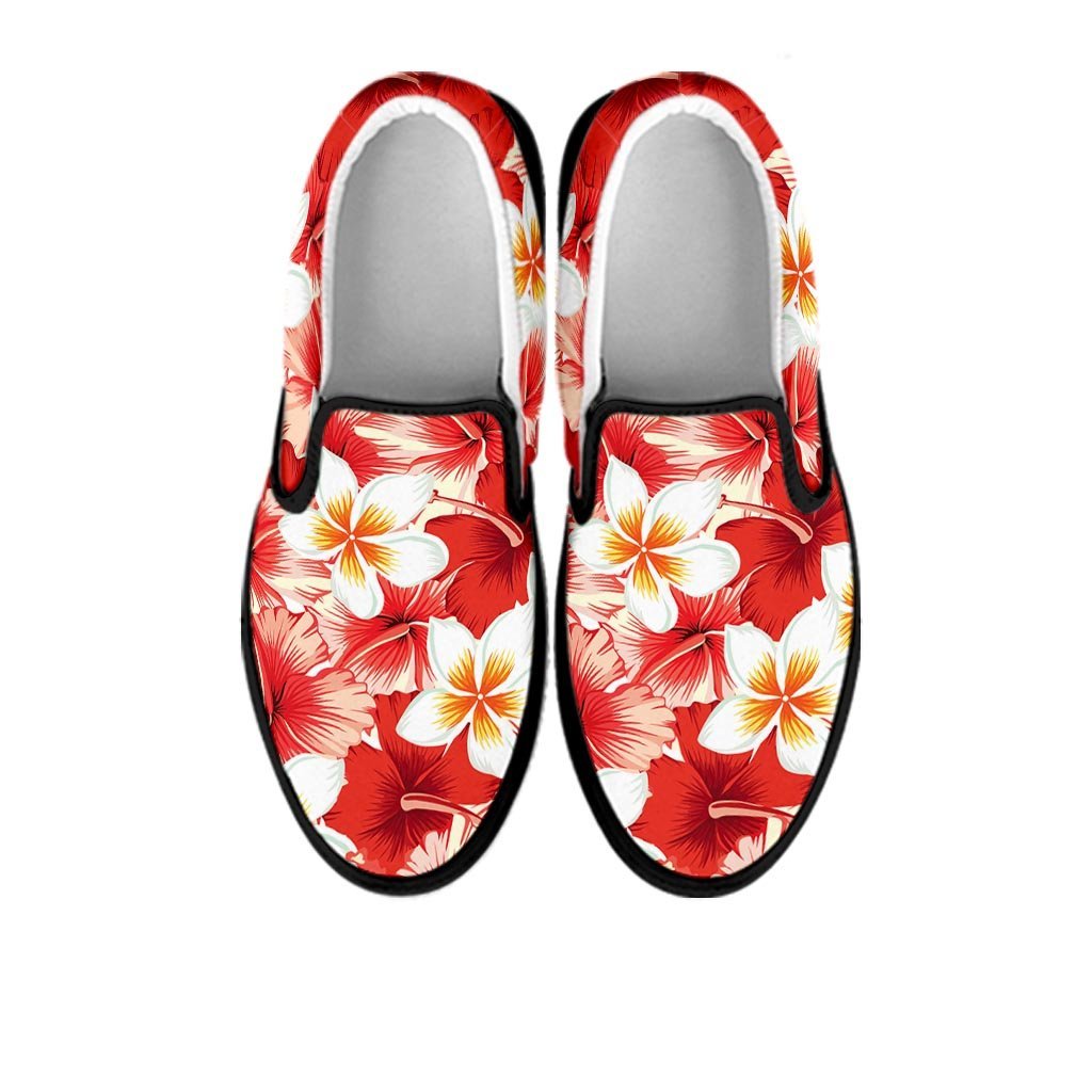 Red And White Hibiscus Hawaiian Print Women's Slip On Sneakers-grizzshop