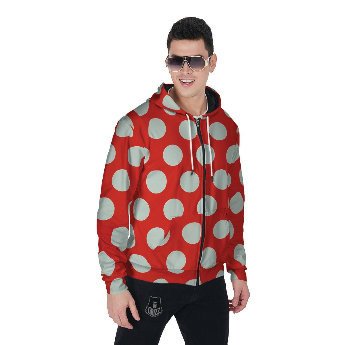 Red And White Polka Dot Men's Zip Up Hoodie-grizzshop