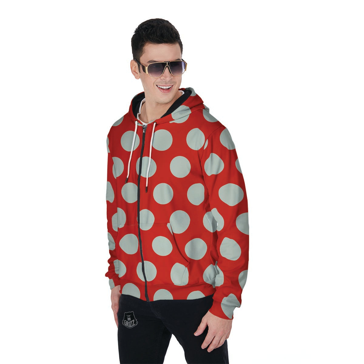 Red And White Polka Dot Men's Zip Up Hoodie-grizzshop