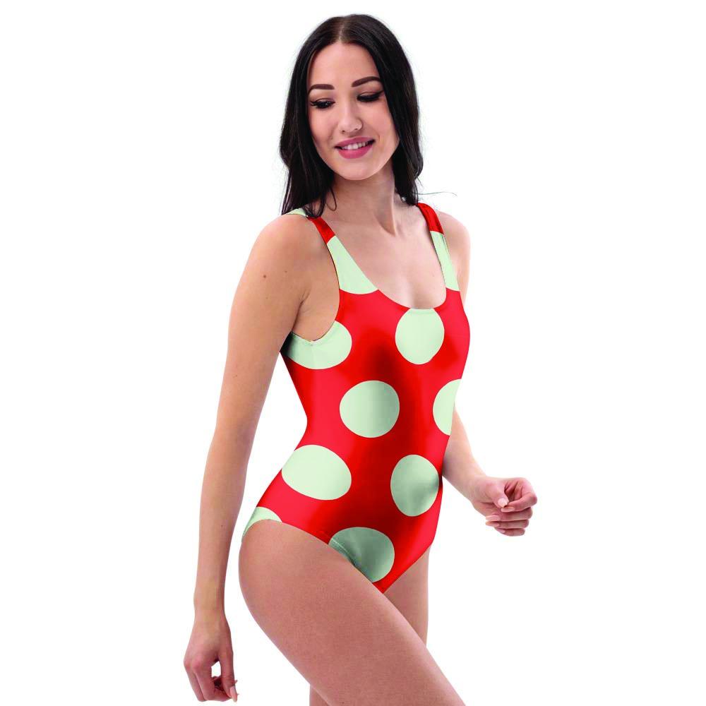 Red And White Polka Dot One Piece Swimsuite-grizzshop