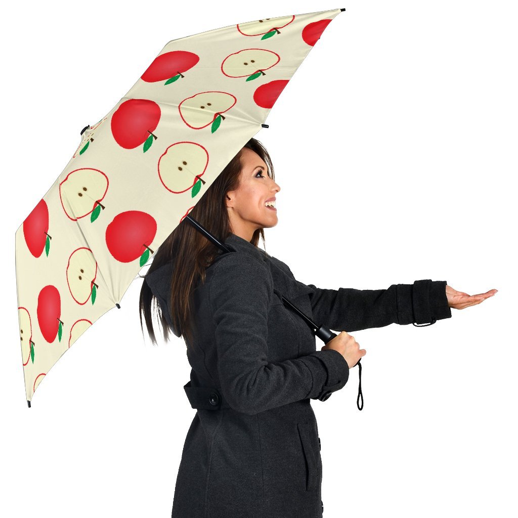 Red Apple Pattern Print Automatic Foldable Umbrella-grizzshop