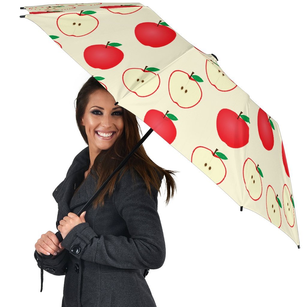 Red Apple Pattern Print Automatic Foldable Umbrella-grizzshop