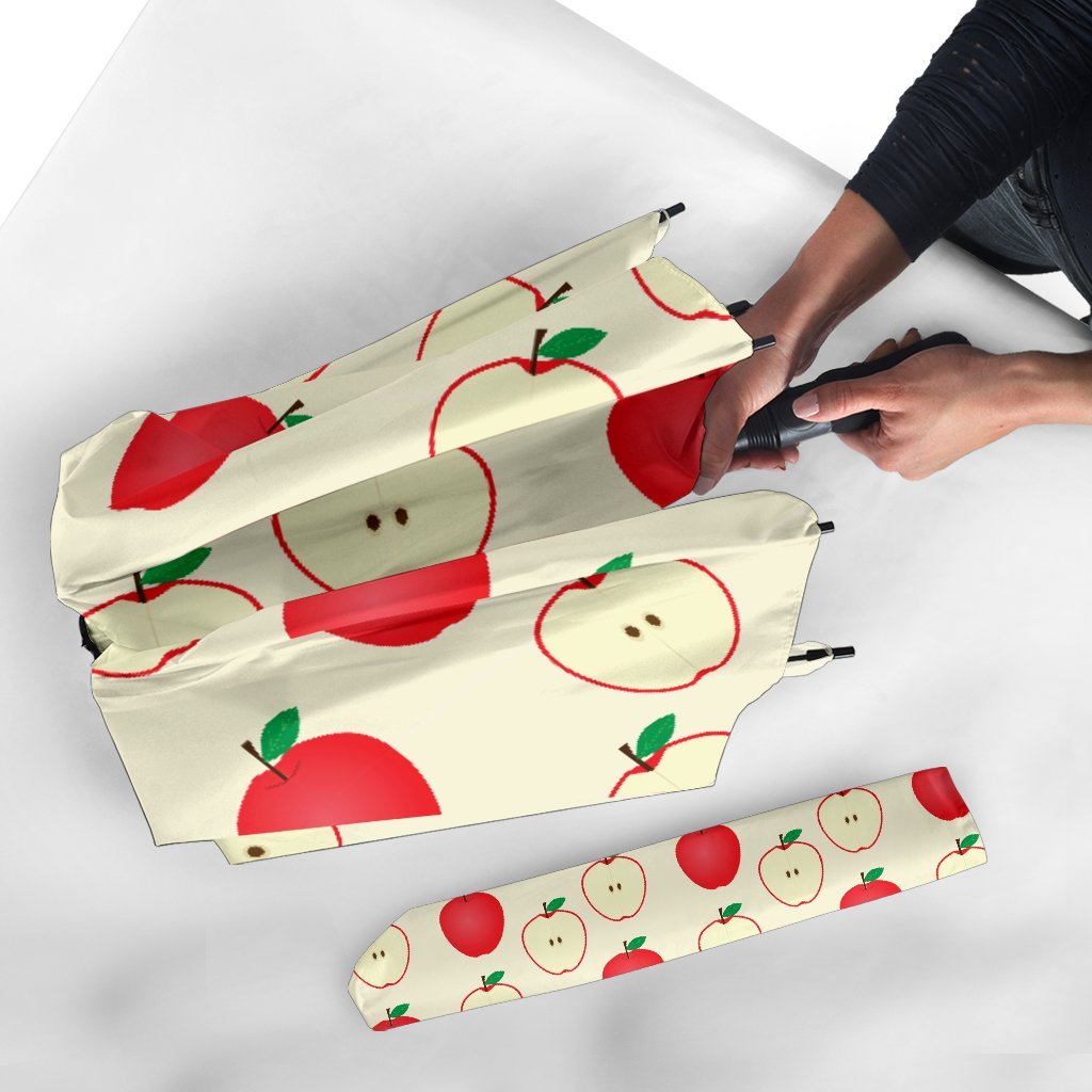 Red Apple Pattern Print Automatic Foldable Umbrella-grizzshop