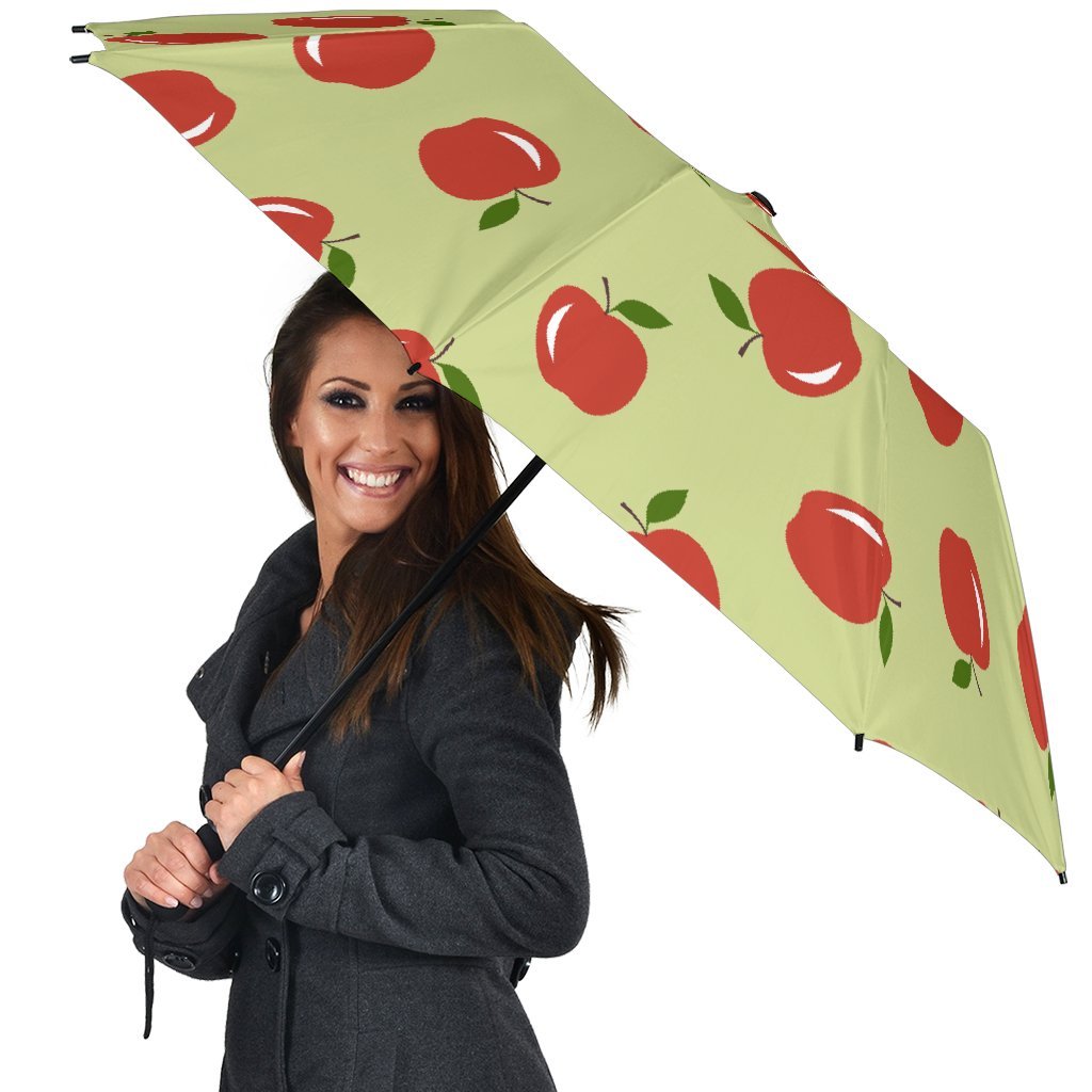 Red Apple Print Pattern Automatic Foldable Umbrella-grizzshop