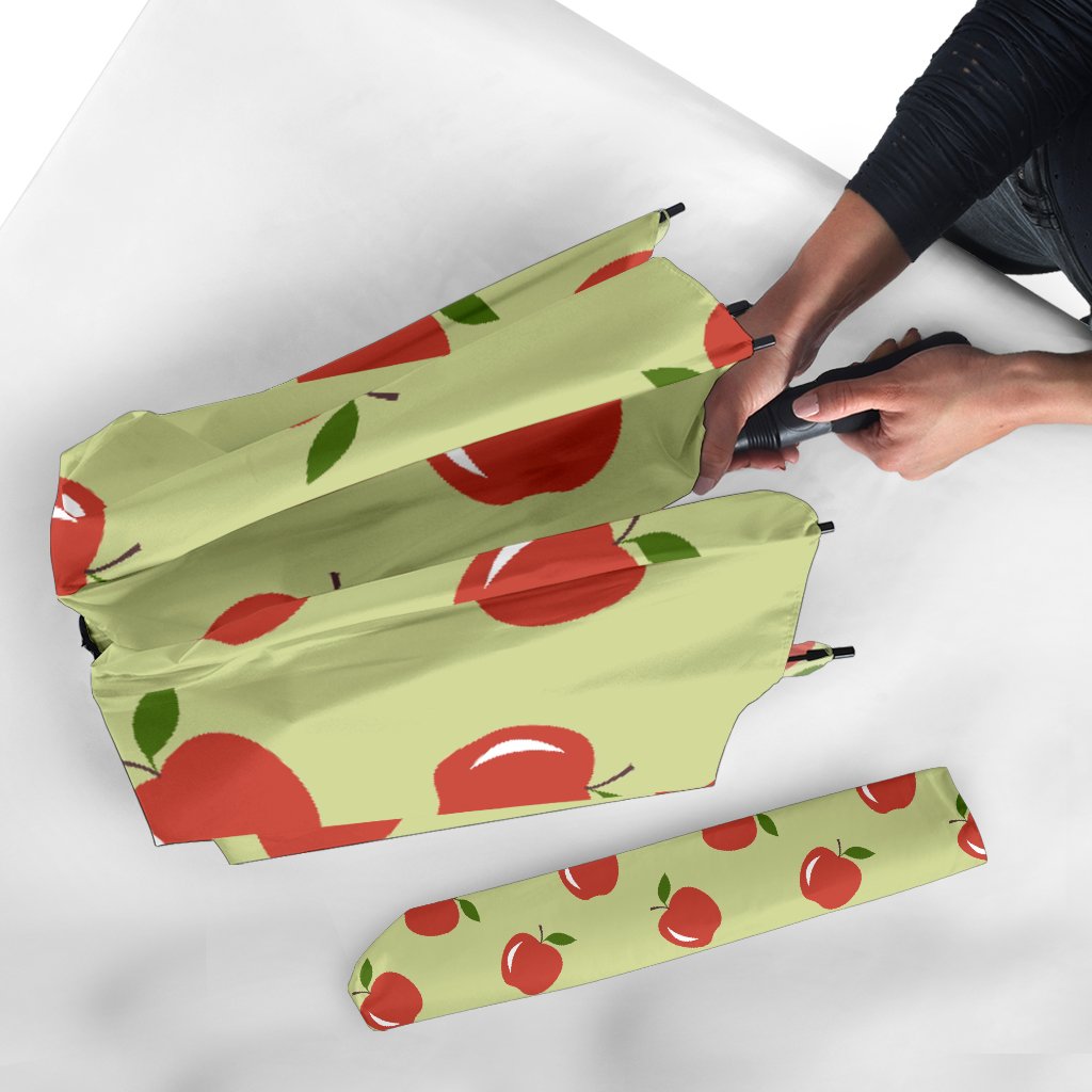 Red Apple Print Pattern Automatic Foldable Umbrella-grizzshop