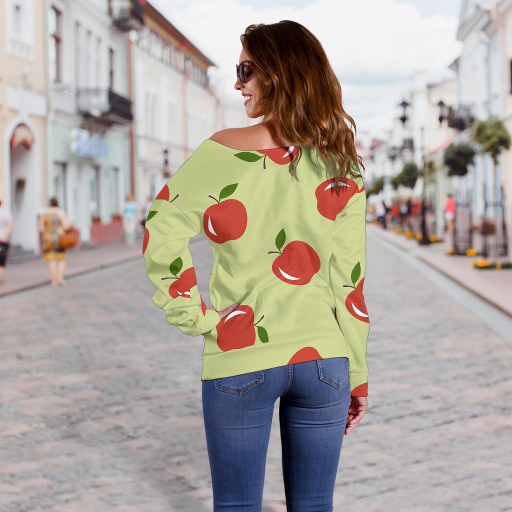 Red Apple Print Pattern Women Off Shoulder Sweatshirt-grizzshop