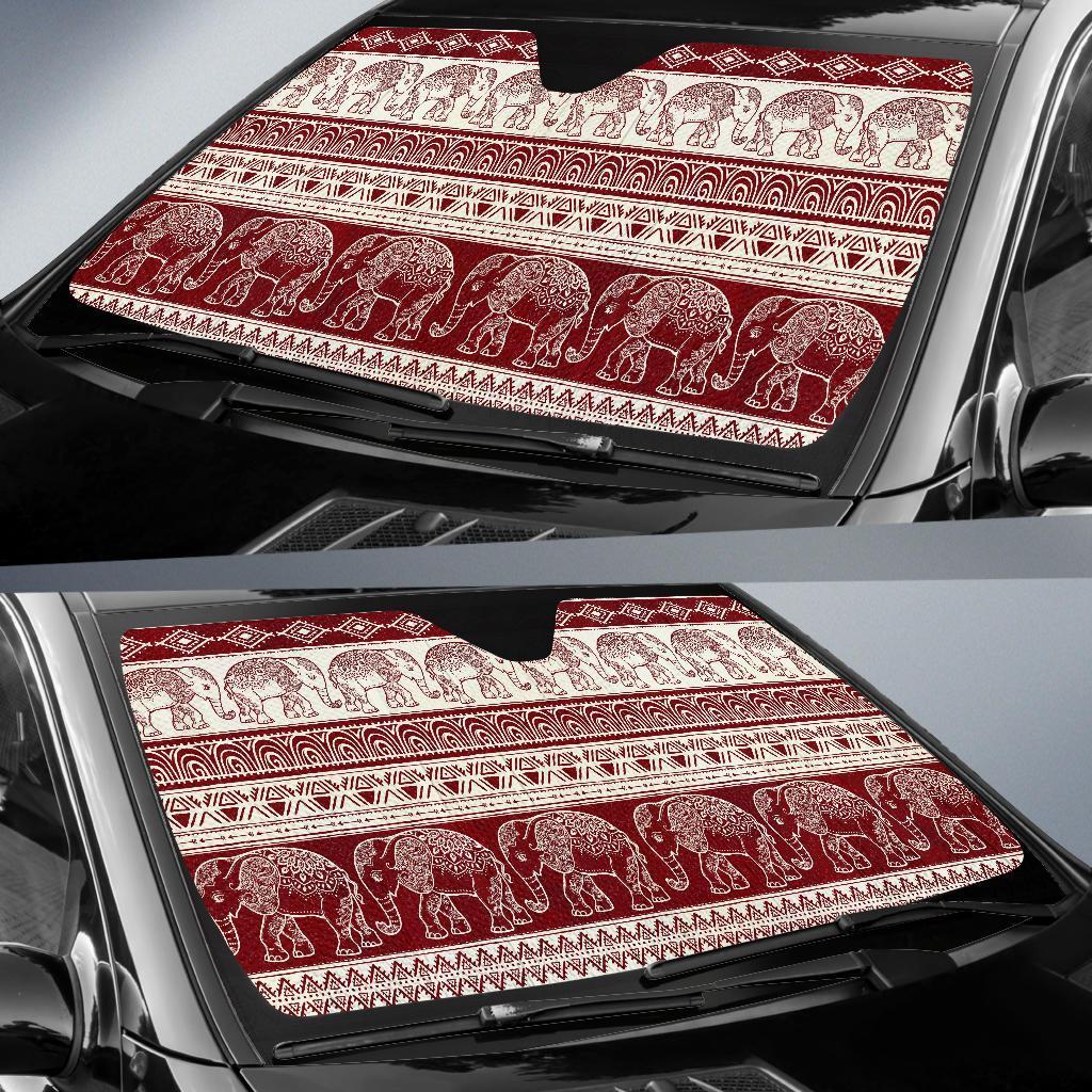 Red Aztec Elephant Pattern Print Car Sun Shade-grizzshop
