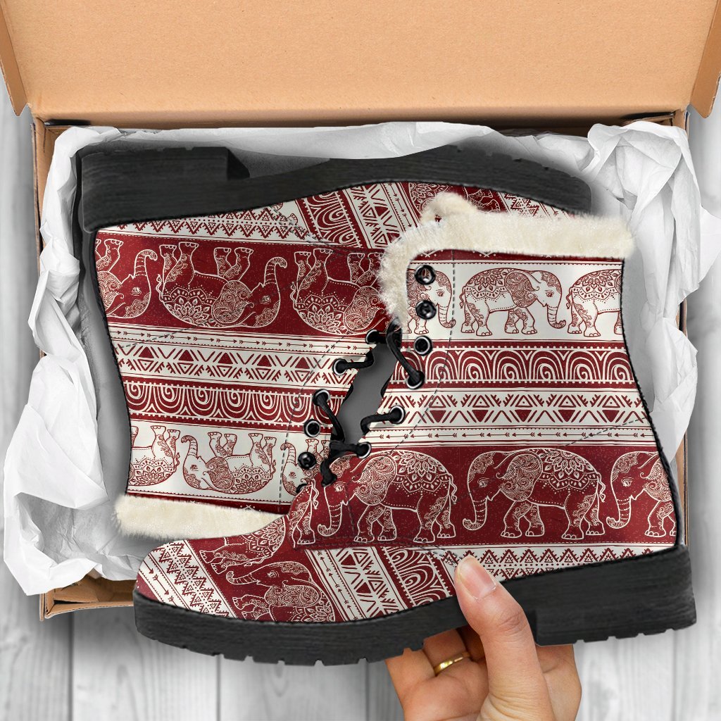 Red Aztec Elephant Pattern Print Comfy Winter Boots-grizzshop