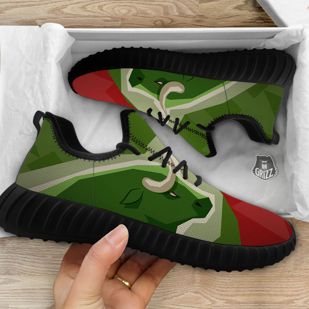 Red Bear And Green Bull Stock Print Black Walking Shoes-grizzshop