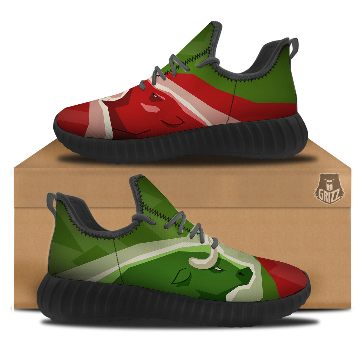 Red Bear And Green Bull Stock Print Black Walking Shoes-grizzshop