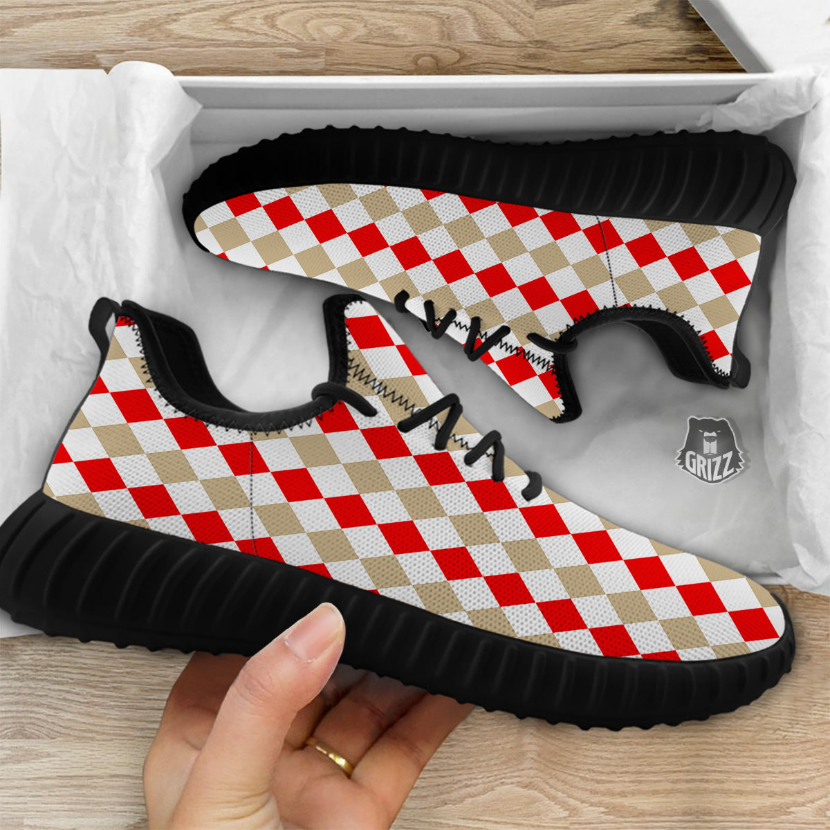Red Beige And White Argyle Print Pattern Black Walking Shoes-grizzshop
