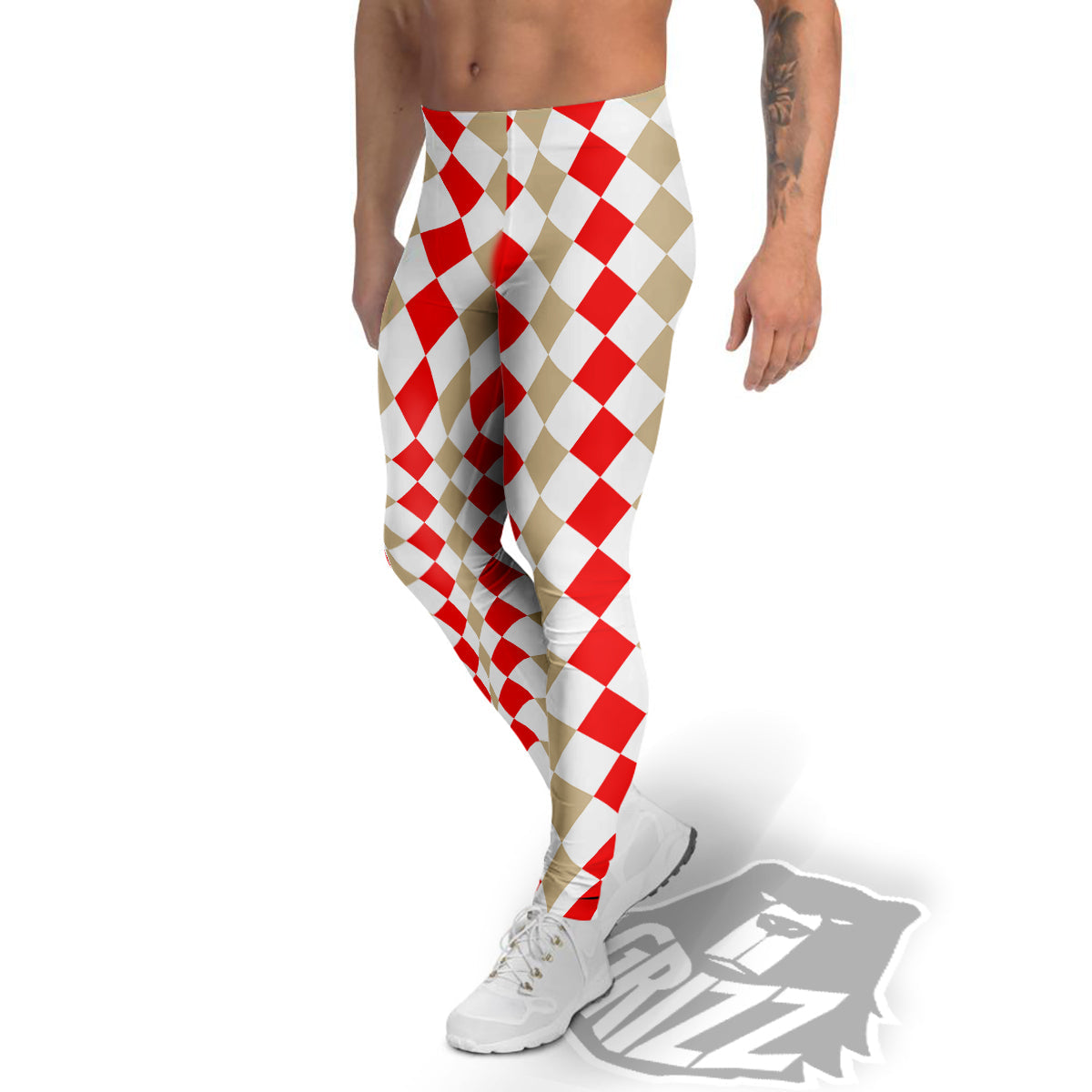 Red Beige And White Argyle Print Pattern Men's Leggings-grizzshop