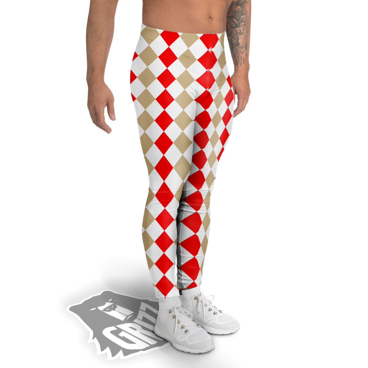 Red Beige And White Argyle Print Pattern Men's Leggings-grizzshop