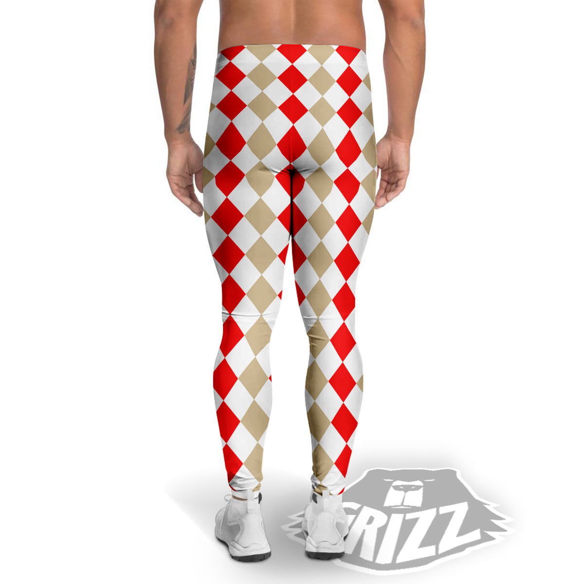 Red Beige And White Argyle Print Pattern Men's Leggings-grizzshop