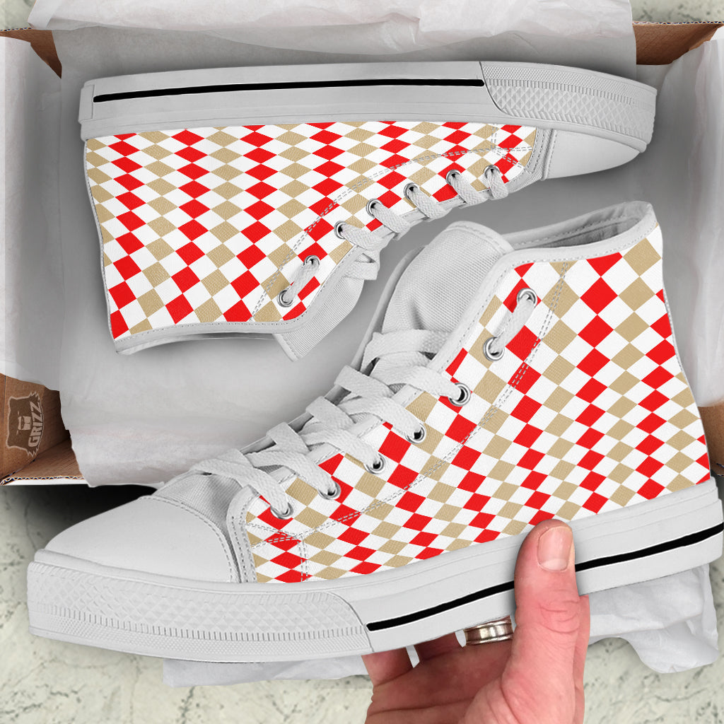 Red Beige And White Argyle Print Pattern White High Top Shoes-grizzshop