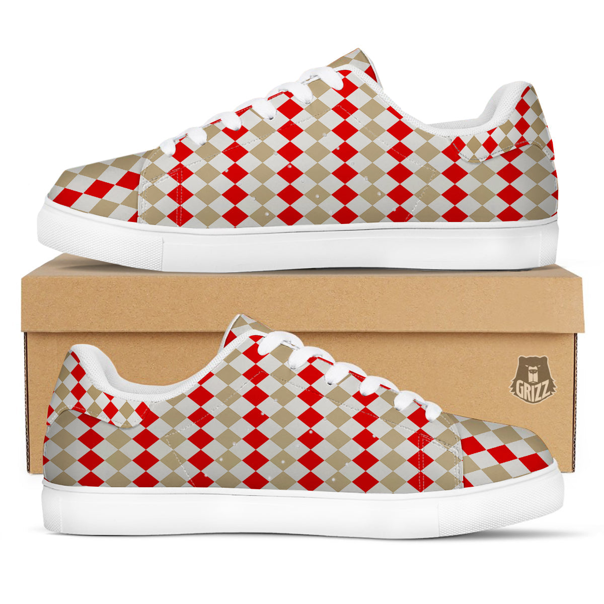 Red Beige And White Argyle Print Pattern White Low Top Sneakers-grizzshop