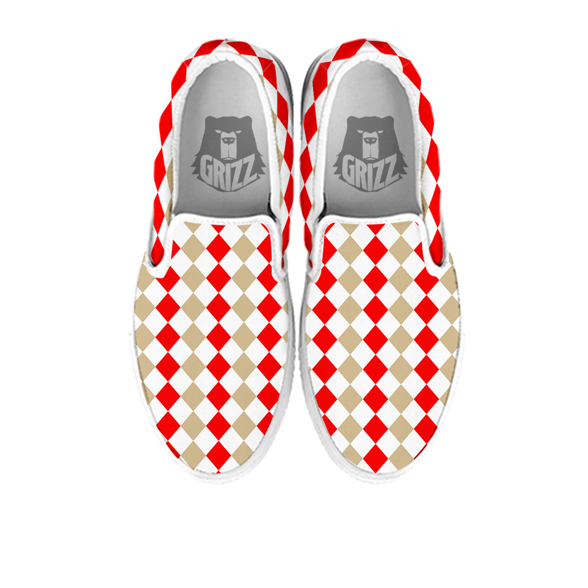 Red Beige And White Argyle Print Pattern White Slip On Shoes-grizzshop