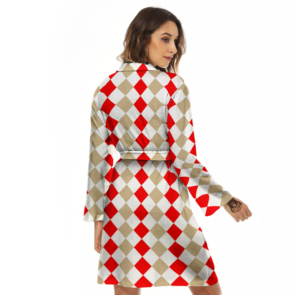 Red Beige And White Argyle Print Pattern Women's Robe-grizzshop