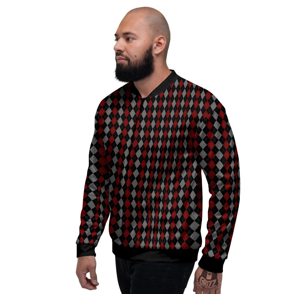 Red Black And Grey Argyle Print Pattern Men's Bomber Jacket-grizzshop