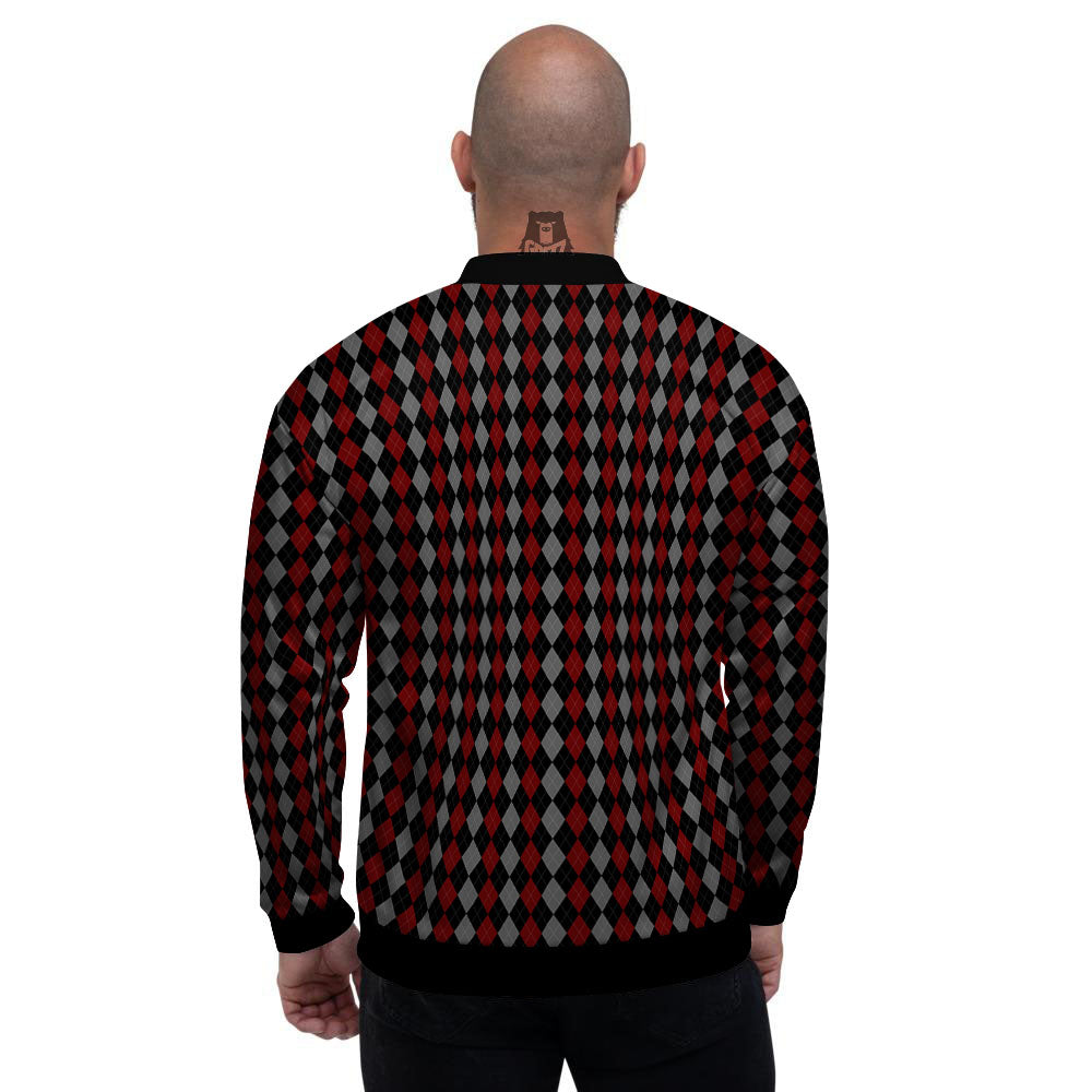 Red Black And Grey Argyle Print Pattern Men's Bomber Jacket-grizzshop