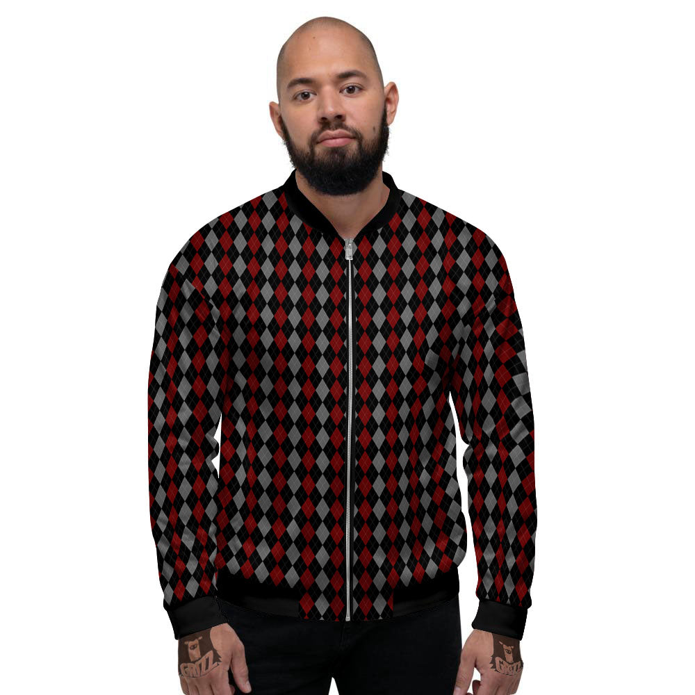 Red Black And Grey Argyle Print Pattern Men's Bomber Jacket-grizzshop