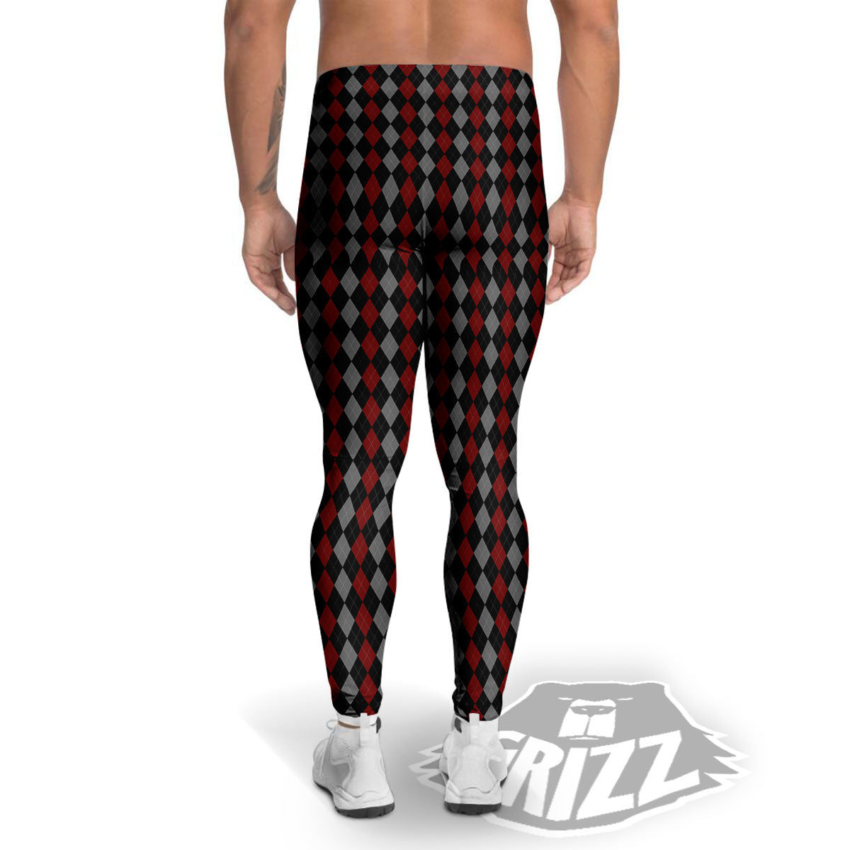 Red Black And Grey Argyle Print Pattern Men's Leggings-grizzshop