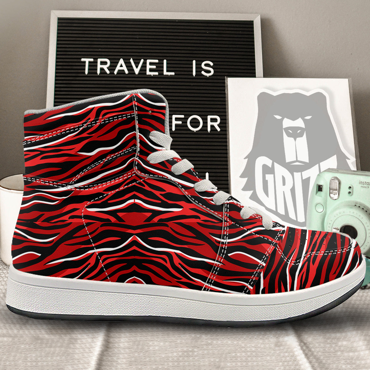 Red Black And White Colored Leopard Print Pattern High Top Sneakers-grizzshop