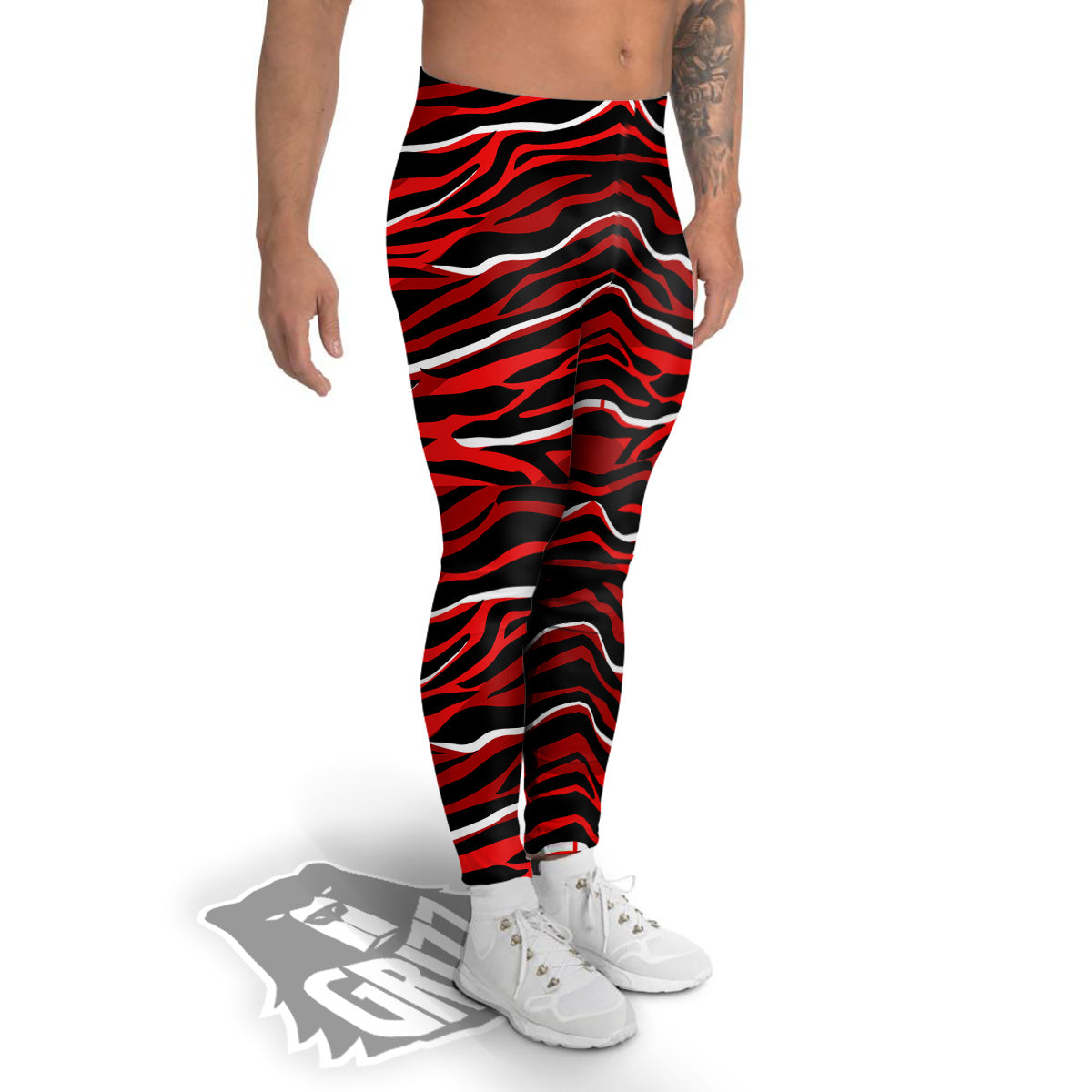 Red Black And White Colored Leopard Print Pattern Men's Leggings-grizzshop