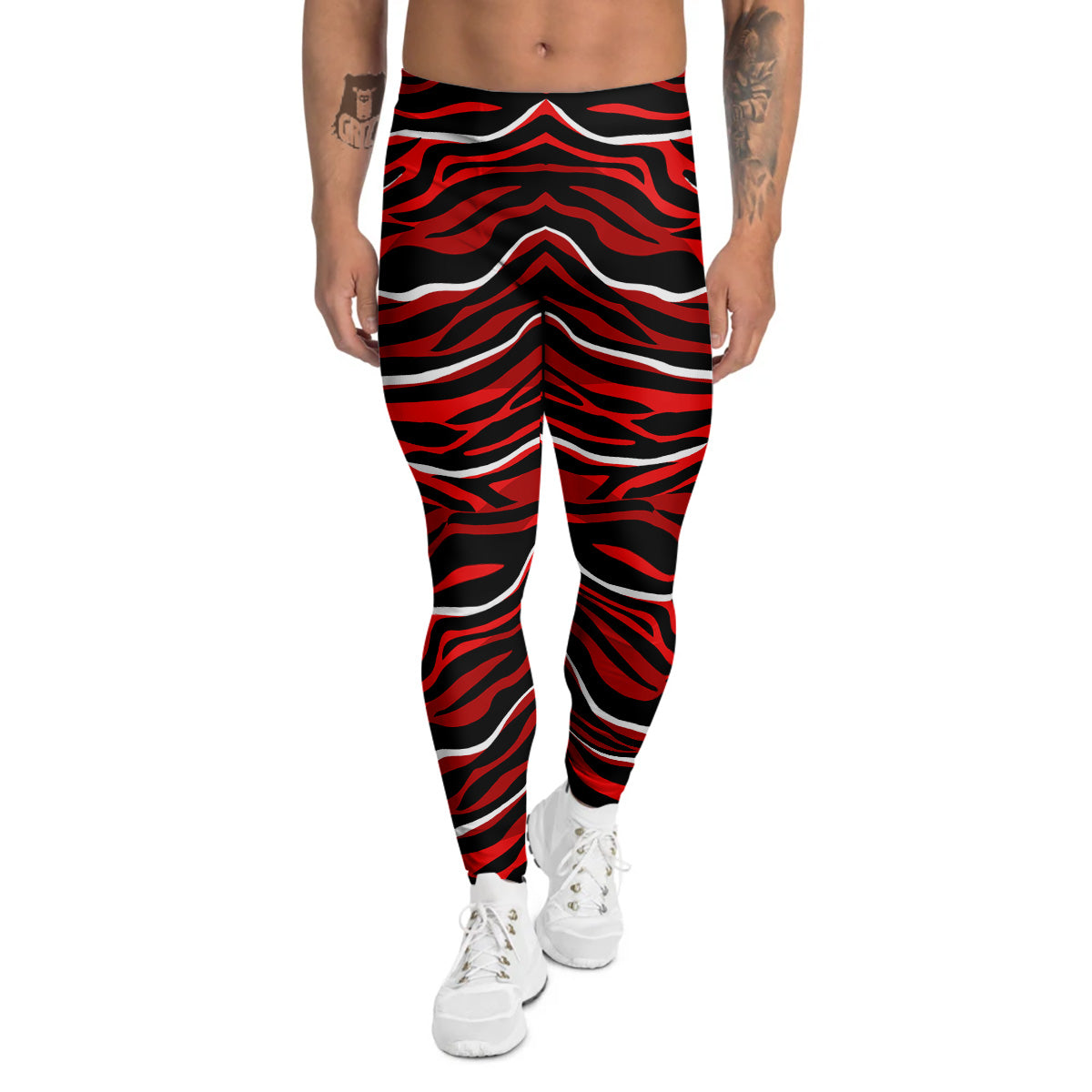 Red Black And White Colored Leopard Print Pattern Men's Leggings-grizzshop