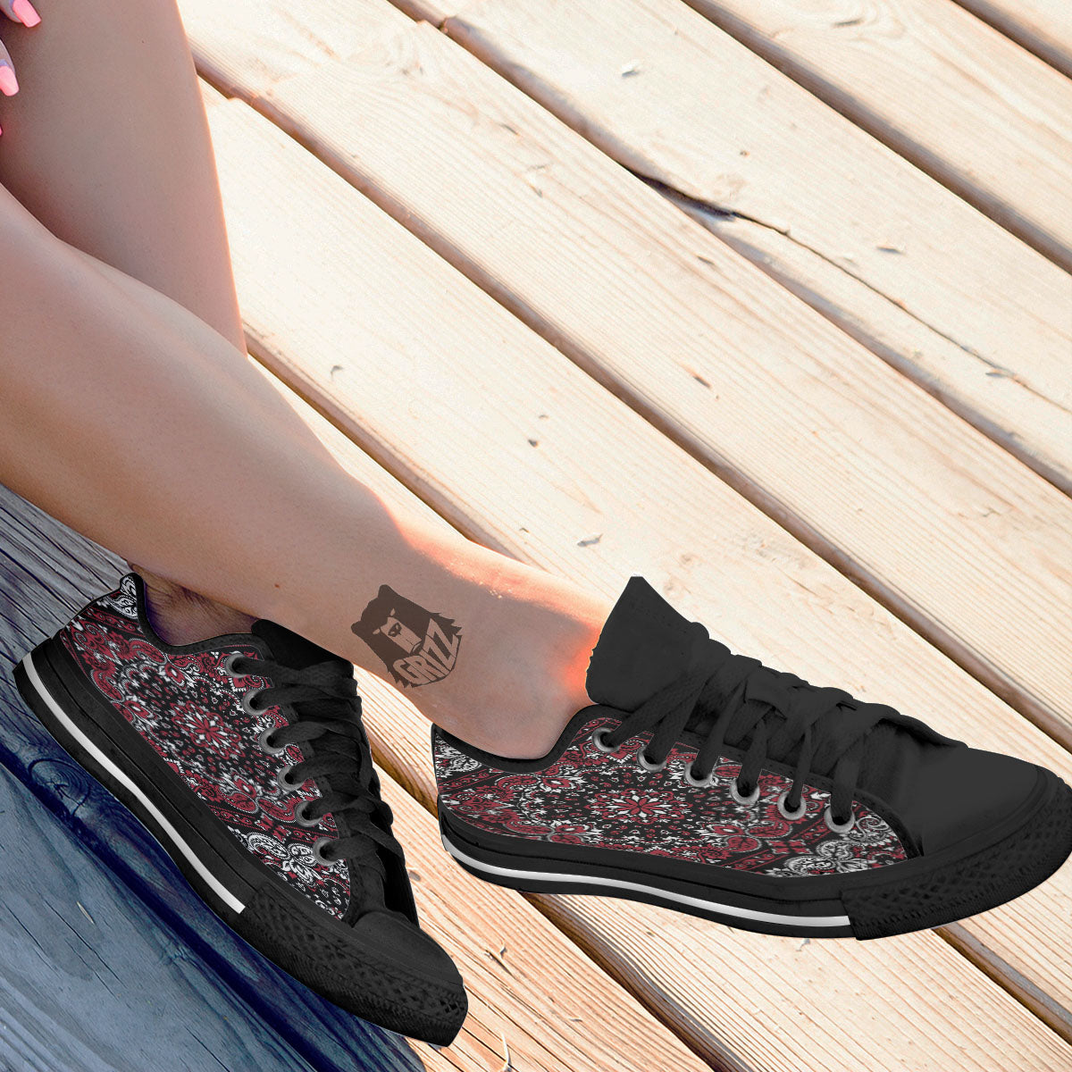 Red Black Bandana Paisley Print Black Low Top Shoes-grizzshop