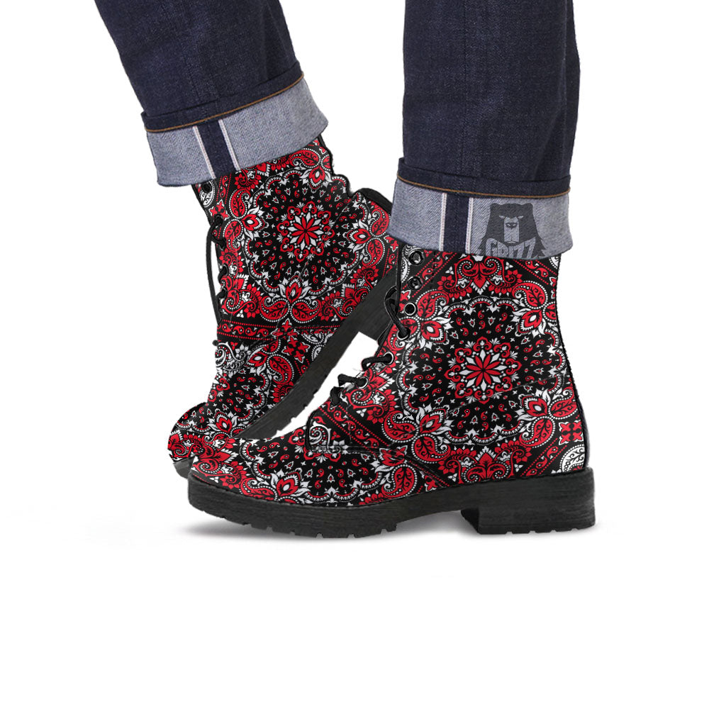 Red Black Bandana Paisley Print Leather Boots-grizzshop