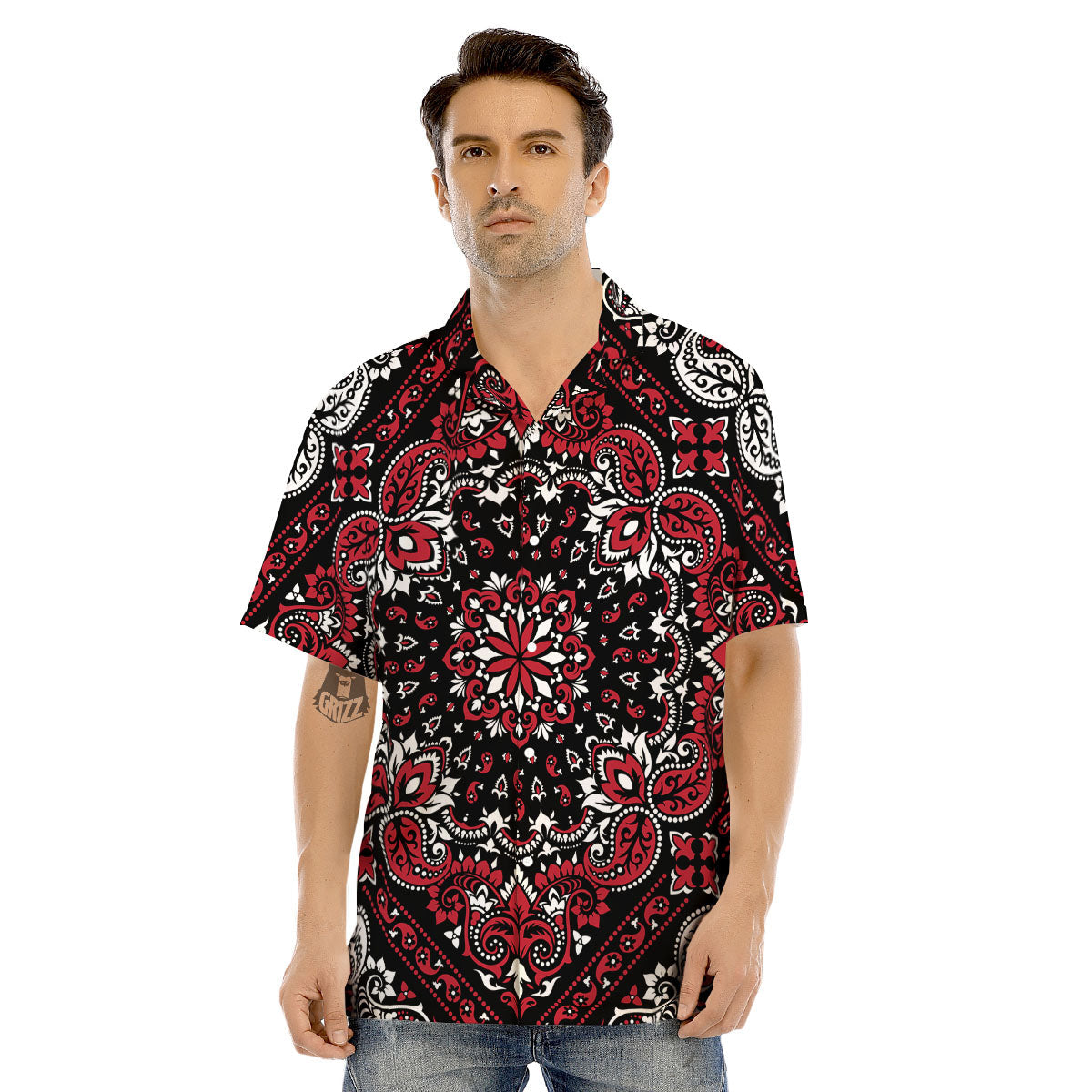 Red Black Bandana Paisley Print Men's Hawaiian Shirt-grizzshop